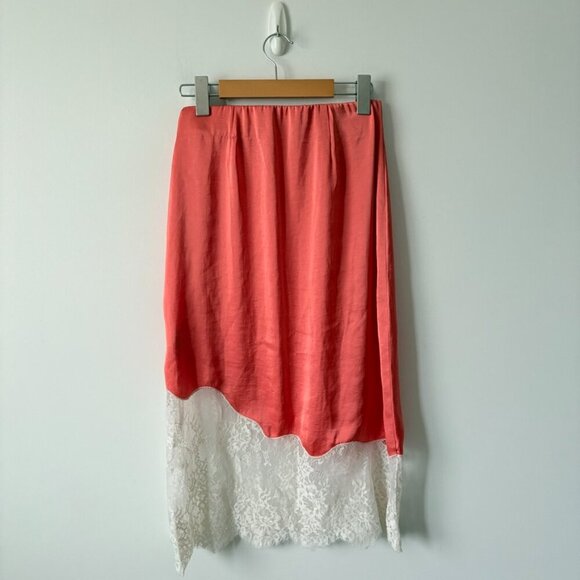 Aritzia Wilfred Sonnet Skirt Satin Midi Skirt with Lace Coral Pink Size 4 - Picture 4 of 5